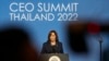 美国副总统卡马拉·哈里斯于2022年11月18日在曼谷举行的亚太经济合作组织首席执行官峰会上发表讲话。