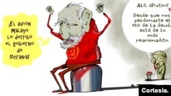 En la caricatura, los hermanos Fidel (fallecido en 2016) y Raúl Castro son expuestos en la relación de dependencia económica e influencia política que el gobierno cubano ha tenido respecto de la entonces Unión Soviética y luego Rusia. [Dibujo cortesía de 'Garrincha' para VOA].