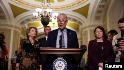 Pemimpin mayoritas Senat AS, Chuck Schumer, bersama Senator Partai Demokrat berbicara kepada media di Gedung Capitol, Washington, DC (foto: dok).