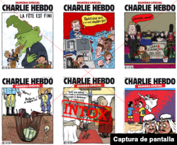 Compilación de seis portadas falsas de la edición de Charlie Hebdo que circulan en canales de Telegram relacionadas con la guerra y Zelenskyy.