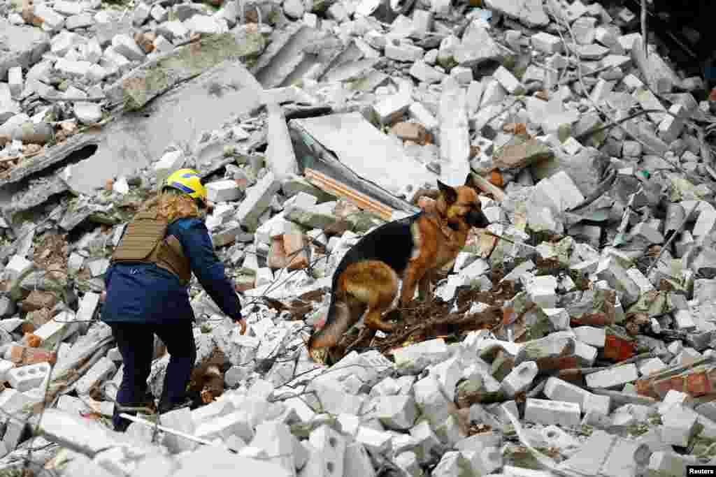 Un rescatista trabaja con un perro en el sitio de un edificio destruido durante un ataque con misiles rusos en Chernihiv, Ucrania, el 17 de abril de 2024. REUTERS/Valentyn Ogirenko 