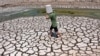 Un hombre lleva un cubo de plástico sobre el lecho agrietado de un estanque seco en la provincia de Ben Tre, en el sur de Vietnam, el 19 de marzo de 2024.