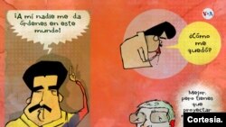 La infuencia política de Cuba en Venezuela es parte de la obra de sátira política que desarrolla el artista cubano de la gráfica Gustavo Rodríguez 'Garrincha'. [Dibujo cortesía para VOA].