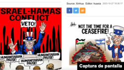 La agencia de noticias china Xinhua en su edición en inglés, ha utilizado caricaturas políticas para burlarse de los problemas internos y la política exterior de EEUU.
