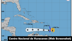 En la imagen, el cono de pronósticos de la tormenta tropical Bret, facilitado por el Centro Nacional de Huracanes de EEUU, en Miami, correspondiente al boletín intermedio de las 5:00 p.m. del jueves 22 de junio de 2023.