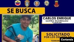 ARCHIVO - Imagen del cartel divulgado por las autoridades de Venezuela para dar con Carlos Enrique Gómez Rodríguez, alias "el Conejo".
