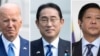Esta fotografía combinada muestra al presidente Joe Biden, desde la izquierda, y al primer ministro japonés, Fumio Kishida, el 10 de abril de 2024, en Washington, y al presidente filipino, Ferdinand Marcos Jr., el 12 de marzo de 2024, en Berlín.