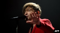 Egor Bortnik, one of the founders of the Bi-2 band, performs at the Arena COS Torwar in Warsaw, Poland, March 16, 2024.