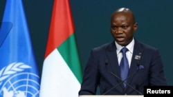 FILE - Gabon's leader, General Brice Clotaire Oligui Nguema, speaks at a conference in Dubai, United Arab Emirates, Dec. 1, 2023. 