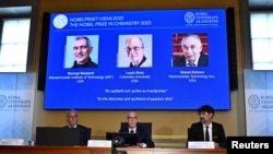 Hans Ellegren (center), Permanent Secretary of the Royal Swedish Academy of Sciences, announces the winners of the 2023 Nobel Prize in Chemistry during a press conference at the Royal Swedish Academy of Sciences in Stockholm, Sweden, Oct. 4, 2023.
