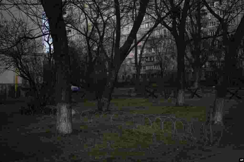 Alambre de espino extendido sobre el pasto en una calle en Kiev, Ucrania, el 6 de marzo de 2023. Hay sacos de arena protegiendo estatuas y barreras antitanque en las calles, trincheras en los bosques cercanos y avisos de minas terrestres en el monte. Las señales pintadas en las paredes indican el refugio más próximo, mientras las sirenas antiaéreas suenan ocasionalmente en la ciudad, que a veces sufre ataques con misiles. Pero con el telón de fondo de la guerra, los residentes en la capital de Ucrania, Kiev, viven su vida con tanta normalidad como pueden mientras la guerra entra en su segundo año. 