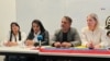 Dirigentes y miembros del movimiento político Vente Venezuela en Colombia, en una rueda de prensa, el miércoles 24 de julio, en Bogotá. [Foto: Karen Sánchez, VOA]