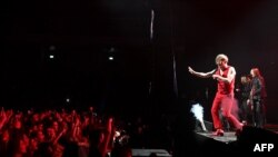 Musicians of the Bi-2 rock band perform at the Arena COS Torwar in Warsaw, Poland, March 16, 2024. 
