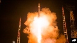 In this photo released by the Russian Defense Ministry Press Service on May 17, 2024, a Soyuz rocket carrying Russian Defense Ministry spacecrafts launches at the Plesetsk Cosmodrome outside Plesetsk, northern Russia. 
