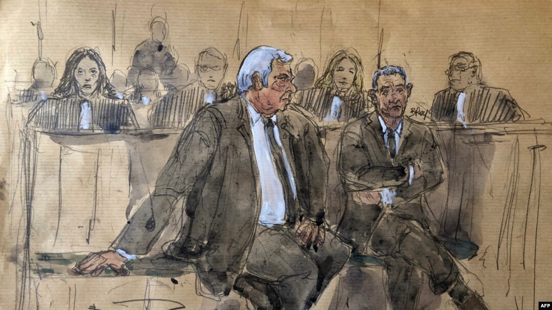 This court sketch made on May 17, 2023, shows former French President Nicolas Sarkozy's lawyer Thierry Herzog (L) and former French President Nicolas Sarkozy (R) attending the conclusion session of the appeal of a corruption trial at Paris courthouse.