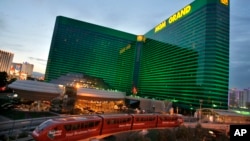 FILE - The Las Vegas Monorail passes by MGM Grand in Las Vegas, April, 27, 2006. A "cybersecurity issue" led to the shutdown of some casino and hotel computer systems at MGM Resorts International properties across the U.S., a company official reported Sept. 11, 2023. 