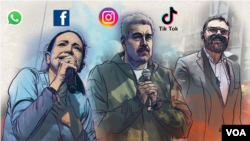 Fotocomposición a propósito del uso de redes sociales en la campaña presidencial de Venezuela, que muestra a la ganadora de la primaria opositora, María Corina Machado; al presidente y aspirante a la reelección Nicolás Maduro; y al postulado de Lápiz, Antonio Ecarri. [VOA]
