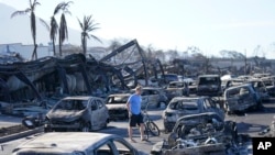 A man walks through wildfire wreckage in Lahaina, Hawaii, Aug. 11, 2023. Hawaii emergency management records show no indication that warning sirens sounded before people ran for their lives from wildfires on Maui that wiped out a historic town.