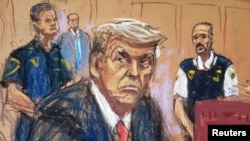 Ilustración del expresidente de EEUU, Donald Trump, durante su comparecencia ante el tribunal para la lectura de cargos luego de una investigación sobre el dinero pagado para silenciar a la estrella porno Stormy Daniels, en Nueva York, el 4 de abril de 2023.
