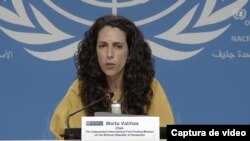 Marta Valiñas, presidenta de la Misión Internacional Independiente de la ONU sobre Venezuela durante una conferencia de prensa en la que comentó aspectos relevantes del cuarto informe divulgado el miércoles. 