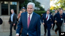 House Majority Whip Rep. Tom Emmer, R-Minn., leaves the Republican caucus meeting after withdrawing as Republican nominee for House speaker, at the Capitol in Washington, Oct. 24, 2023.