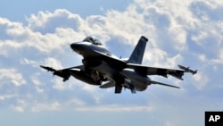 This image provided by the U.S. Air Force shows a F-16 Fighting Falcon from the 510th Fighter Squadron taking off during Red Flag 24-1 at Nellis Air Force Base, Nevada, on Jan 25, 2024. 
