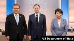 토니 블링컨 미 국무장관과 박진 한국 외교장관, 가미카와 요코 일본 외무상이 지난달 아시아태평양경제협력체(APEC) 회의가 열리는 미국 샌프란시스코에서 회담했다.