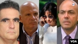Fotocomposición realizada por la Voz de América de cuatro de los presuntos colaboradores del chavismo acusados penalmente en Estados Unidos por diversos delitos, como Alex Saab, Hugo Carvajal, Claudia Díaz Guillén y Clíver Alcalá.
