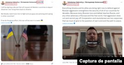 Comparación entre el post viralizado atribuido a Zelenskyy (izquierda) y un post publicado por la cuenta oficial del mandatario (derecha).