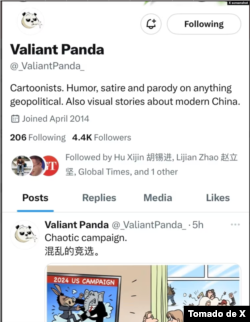 Cuenta de Valiant Panda en X. Creada en 2014, publicó unos 850 tweets y reunió aproximadamente 4,4 mil seguidores.
