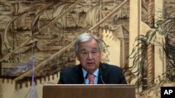 UN Secretary General Antonio Guterres delivers a speech during a signing ceremony at Dolmabahce Palace in Istanbul, Turkey, July 22, 2022.