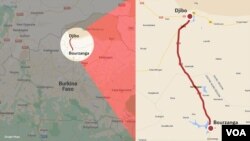 Peta yang menunjukkan jalanan antara Bourzanga dan Djibo yang terletak do wilayah pusat di utara Burkina Faso. (Foto: VOA)