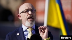 Ukrainian Defense Minister Oleksiy Reznikov holds a news conference about the support for Ukraine in Copenhagen, Denmark, Aug. 10, 2022. (Ritzau Scanpix/Martin Sylvest via Reuters)