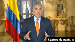 El presidente de Colombia, Iván Duque, durante su intervención en el periodo de sesiones 49 del Consejo de Derechos Humanos de la Organización de las Naciones Unidas, el 28 de febrero de 2022. Foto: Captura de pantalla - VOA.