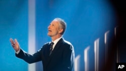 Mark Twain Prize recipient Jon Stewart is introduced at the start of the 23rd annual Mark Twain Prize for American Humor at the Kennedy Center for the Performing Arts, April 24, 2022, in Washington. 