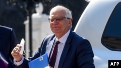High Representative of the European Union for Foreign Affairs and Security Policy Josep Borrell reacts upon his arrival in Skopje, March 14, 2022.