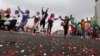 Participants take part in the women's 'Beauty Run' in Minsk, Belarus, March 8, 2020. 