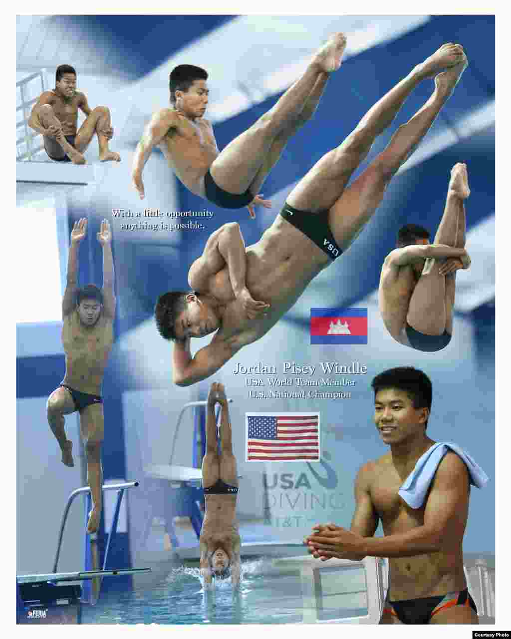 Jordan Pisey Windle អាយុ១៧ឆ្នាំ គឺជាជនជាតិខ្មែរសញ្ជាតិអាមេរិកាំង ដែលជាកីឡាករលោតទឹកថ្នាក់ជាតិវ័យក្មេងដ៏ឆ្នើមម្នាក់របស់សហរដ្ឋអាមេរិក។ Jordan Pisey Windle គឺជាក្មេងកំព្រាម្នាក់ ដែលត្រូវបានយកធ្វើជាកូនចិញ្ចឹមដោយជនជាតិអាមេរិកាំងម្នាក់គឺលោក Jerry Windle។ (រូបថតផ្តល់ឲ្យ) 