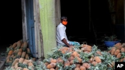 An Indian trader wearing a face mask waits for buyers next to a pile of pineapples at a wholesale fruit market in Bengaluru, India, Saturday, May 30, 2020.