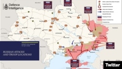 Mapa najnovijeg napredovanja ruskih snaga tokom invazije na Ukrajinu, koju je objavilo britansko ministartvo odbrane, 16. aprila 2022. (Foto: Tviter nalog ministarstva odbrane Britanije)
