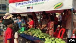At a public market in front of the Kampong Speu market, a stall selling organic vegetables attracts dozens of passers by. (Hul Reaksmey/VOA Khmer) 