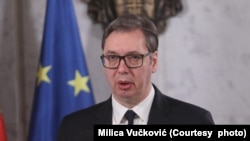 Predsednik Srbije tokom obraćanja nakon susreta sa međunarodnim izaslanicima u Beogradu (Fonet/Milica Vučković)