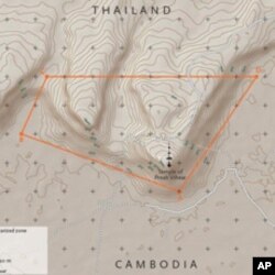 ផែនទី​ដែលចេញ​ផ្សាយ​ដោយដោយ​តុលាការ​យុត្តិធម៌​អន្តរជាតិ​កាល​ពី​ថ្ងៃ​ទី​ ១៨​ខែ​កក្កដា​ឆ្នាំ​២០១១​នេះ បង្ហាញ​តំបន់​ហាម​មិនឲ្យ​មាន​កងទ័ព​នៅ​ជុំវិញ​ប្រាសាទ​ព្រះវិហារ។