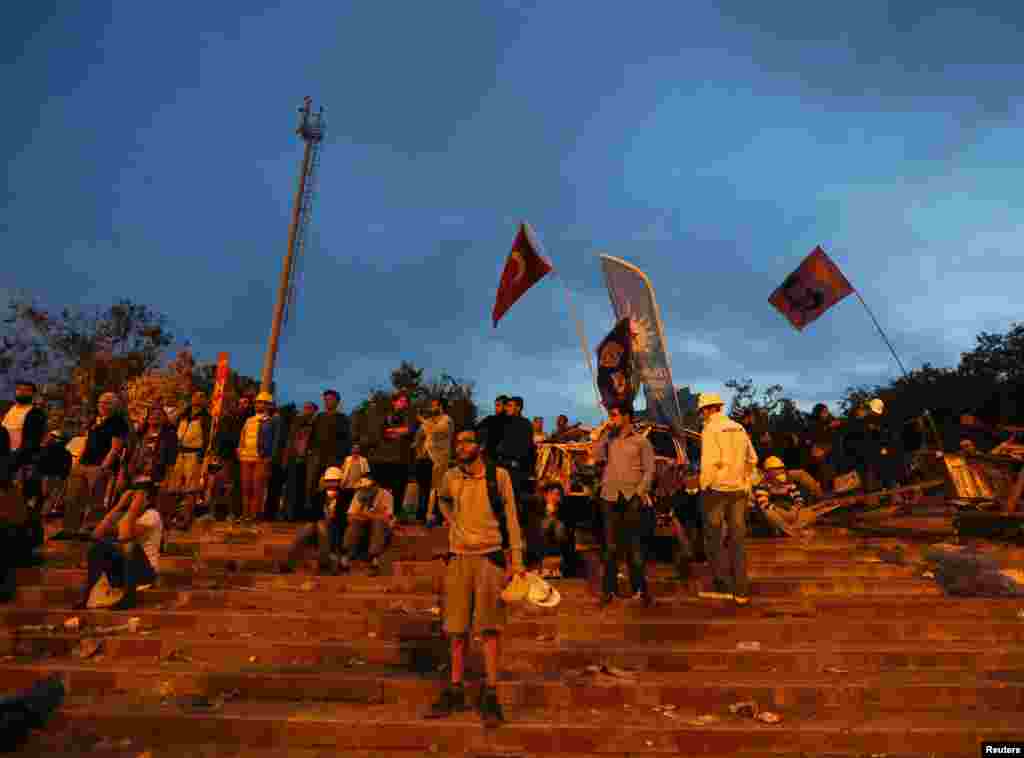Protesters stand in front of a barricade at Gezi park, Istanbul, June 13, 2013.