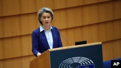 European Commission President Ursula von der Leyen speaks during a debate on the united EU approach to COVID-19 vaccinations at the European Parliament in Brussels, Feb. 10, 2021. 