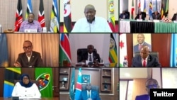 East African Community heads of state, seen in a photo from a video conference posted on the group's Twitter, admit the Democratic Republic of the Congo (DRC) into the EAC. (East African Community @jumuiya) 