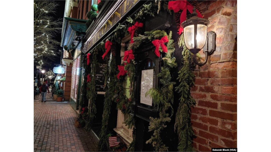 Adorned with evergreens and bright red bows, O'Connell's Restaurant on King Street in the Old Town section of Alexandria, Virginia, is decked out for the holidays.