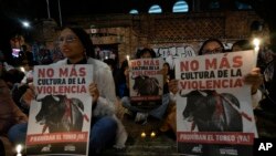 Manifestantes participan en una vigilia sosteniendo carteles con mensajes de "No más cultura de violencia" en protesta contra las corridas de toros, mientras el Congreso debatía su legalidad, en Bogotá, Colombia, el viernes 24 de mayo de 2024.