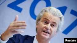 FILE - Netherlands' Party for Freedom leader Geert Wilders attends a news conference after a European far-right leaders meeting in Koblenz, Germany, Jan. 21, 2017.