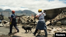 Socorristas con perros registran las ruinas de los edificios destruidos en Lahaina, en Maui, Hawái, el 13 de agosto de 2023.